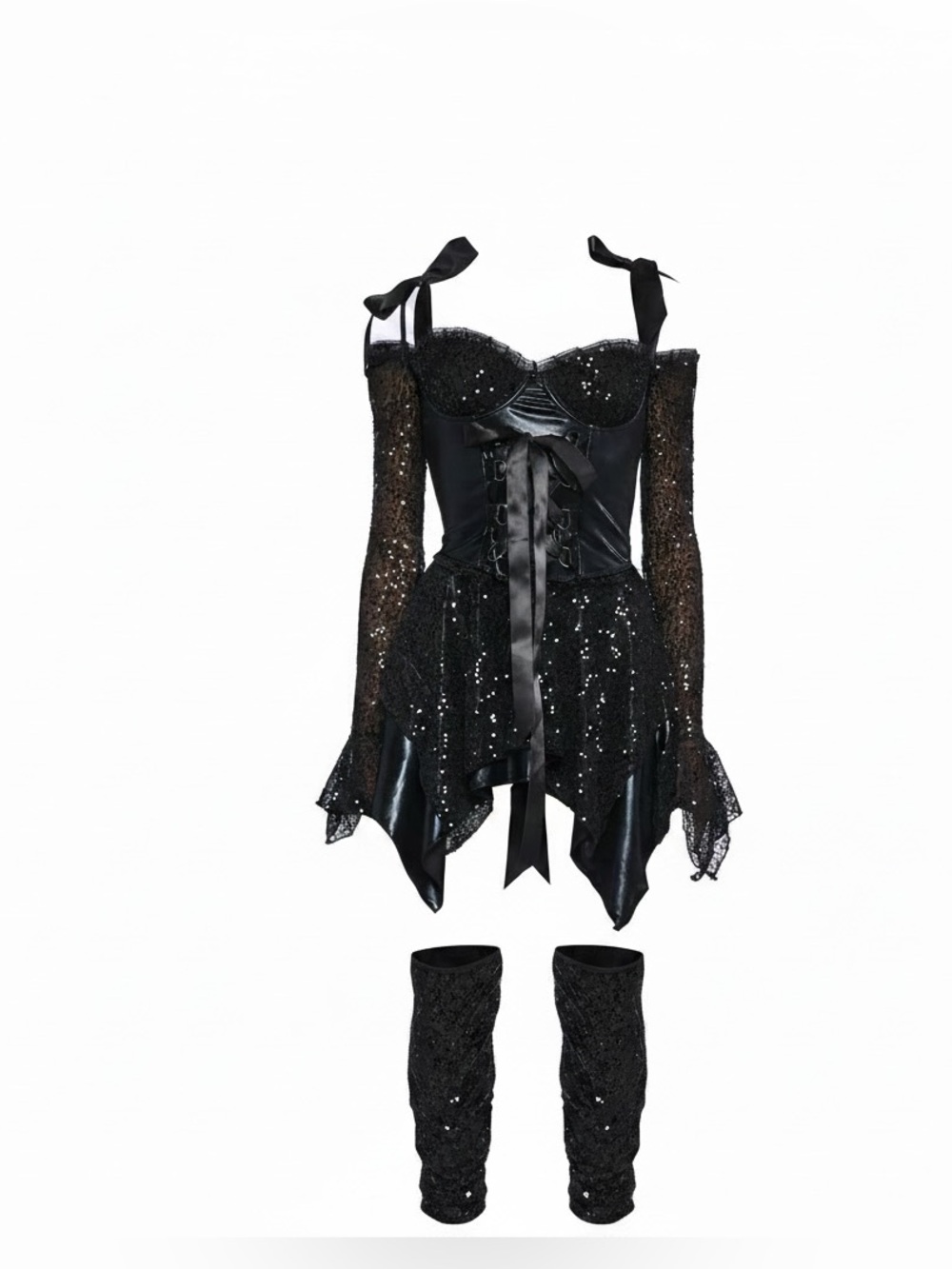 Dolls Kill Cyber Fairy Sequin Corset Dress with Lace Sleeves and Boot Cover